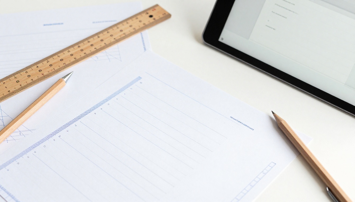 Aerial flat-lay of printed document layout sheets spread out with blue margin ruler lines and red annotation marks