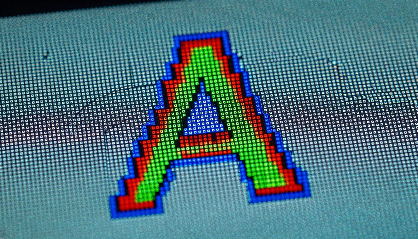 Extreme macro close-up showing individual RGB pixel clusters forming a letter, demonstrating pixel structure and raster aliasing at high magnification Extreme macro close-up showing individual RGB pixel clusters forming a letter, demonstrating pixel structure and raster aliasing at high magnification