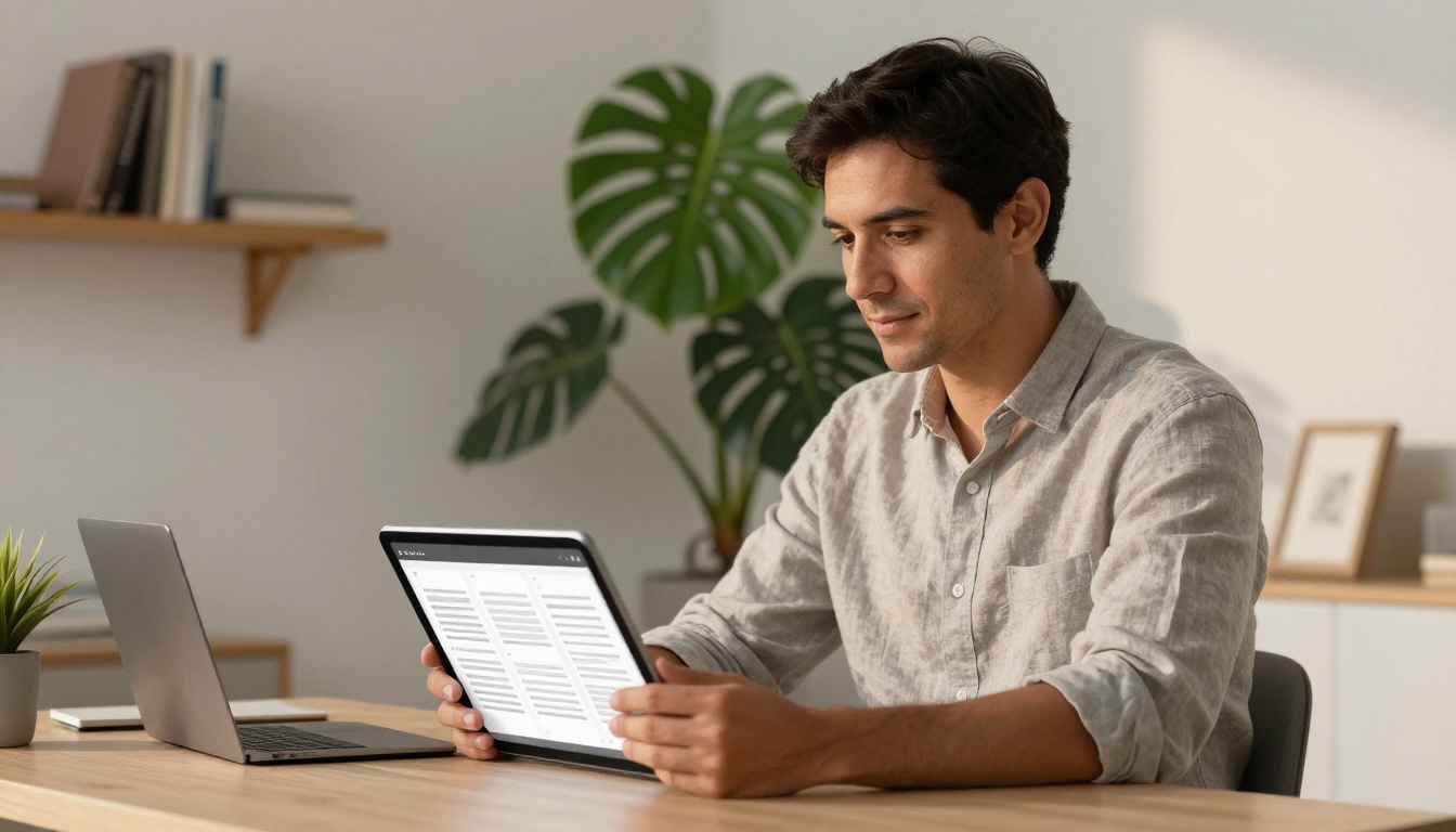 Professional man reviewing a digital flipbook on a tablet showing perfectly symmetrical white margins on both sides