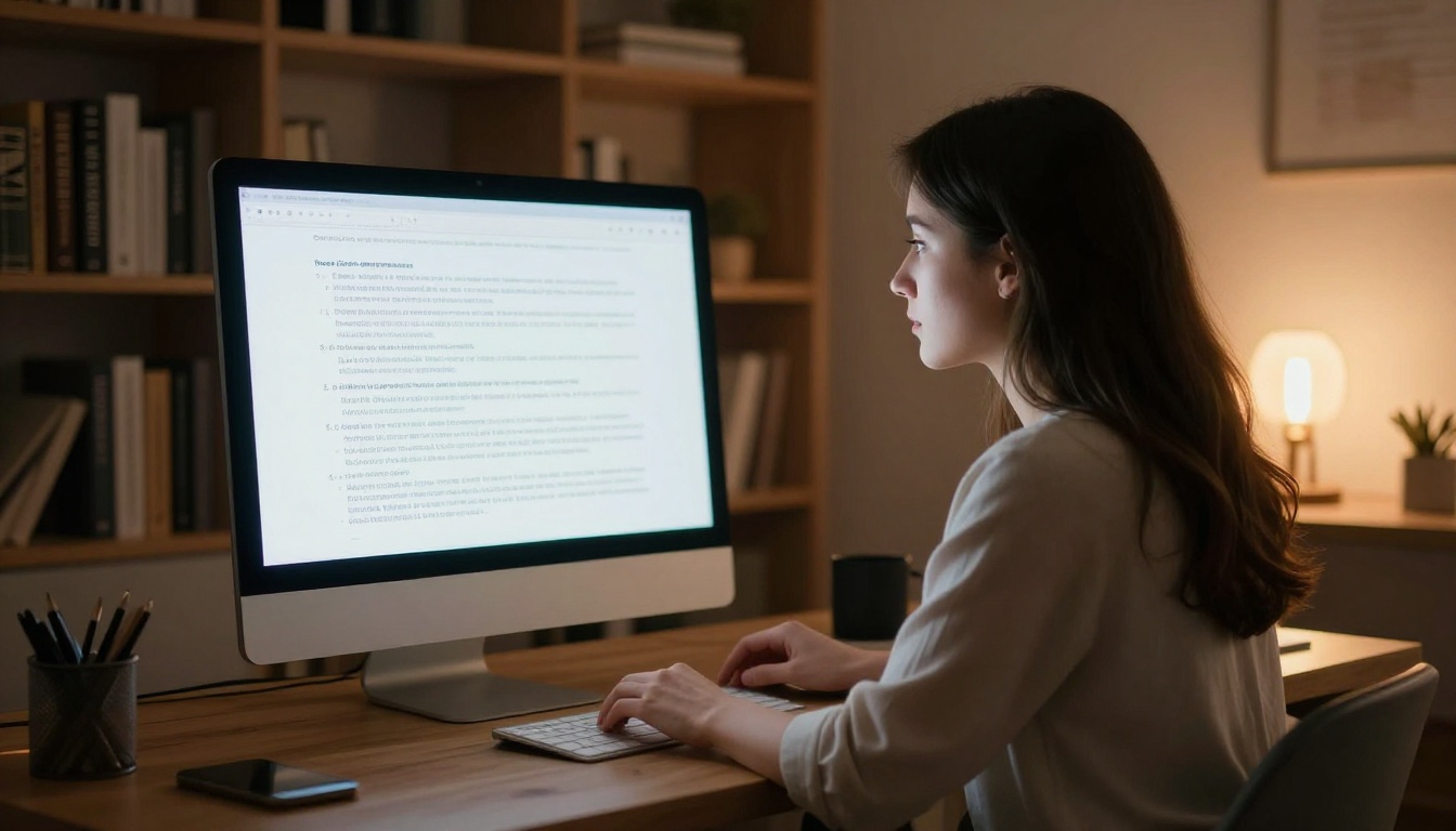 Young professional woman reading crisp sharp text on a high-resolution retina display monitor, illuminated by warm Edison bulb accent light in a home office Young professional woman reading crisp sharp text on a high-resolution retina display monitor, illuminated by warm Edison bulb accent light in a home office