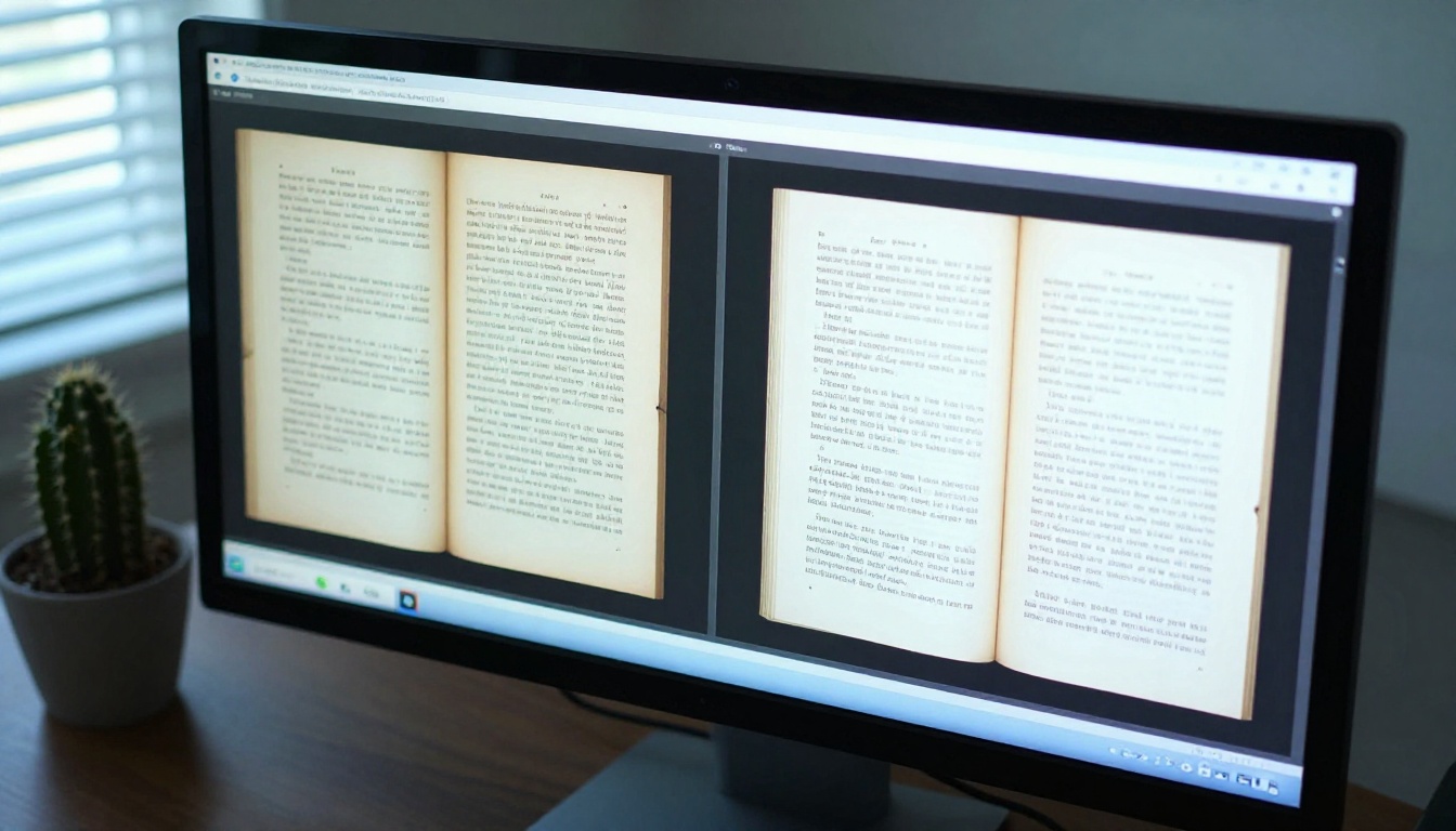 Monitor showing a split-screen comparison of a flipbook page with misaligned margins on the left and corrected balanced margins on the right Monitor showing a split-screen comparison of a flipbook page with misaligned margins on the left and corrected balanced margins on the right