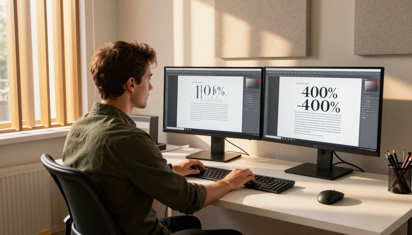 Designer at a wide-format dual-monitor workstation reviewing a vector PDF document with razor-sharp typography at various zoom levels in warm morning sunlight Designer at a wide-format dual-monitor workstation reviewing a vector PDF document with razor-sharp typography at various zoom levels in warm morning sunlight