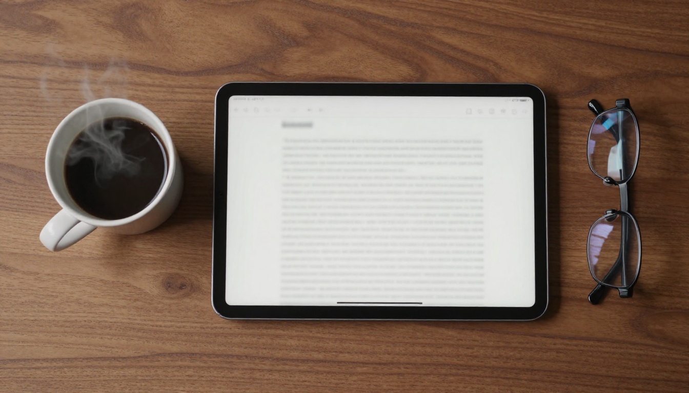 Overhead flat-lay aerial shot of a tablet on a warm walnut wood table showing a zoomed-in document page with visibly blurry and pixelated text, black coffee and reading glasses beside it Overhead flat-lay aerial shot of a tablet on a warm walnut wood table showing a zoomed-in document page with visibly blurry and pixelated text, black coffee and reading glasses beside it