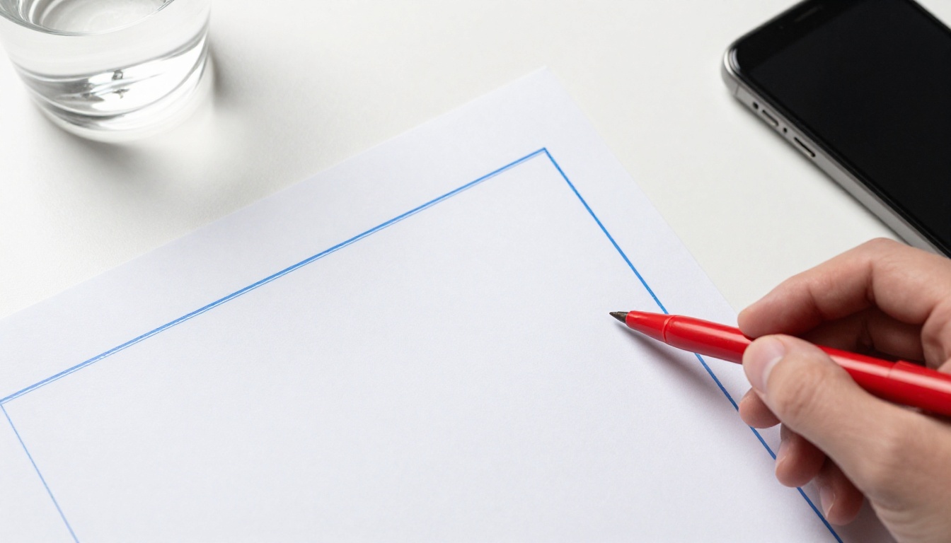 Overhead close-up of a printed PDF page with blue margin guide lines and a red pen pointing at a misaligned narrow margin area
