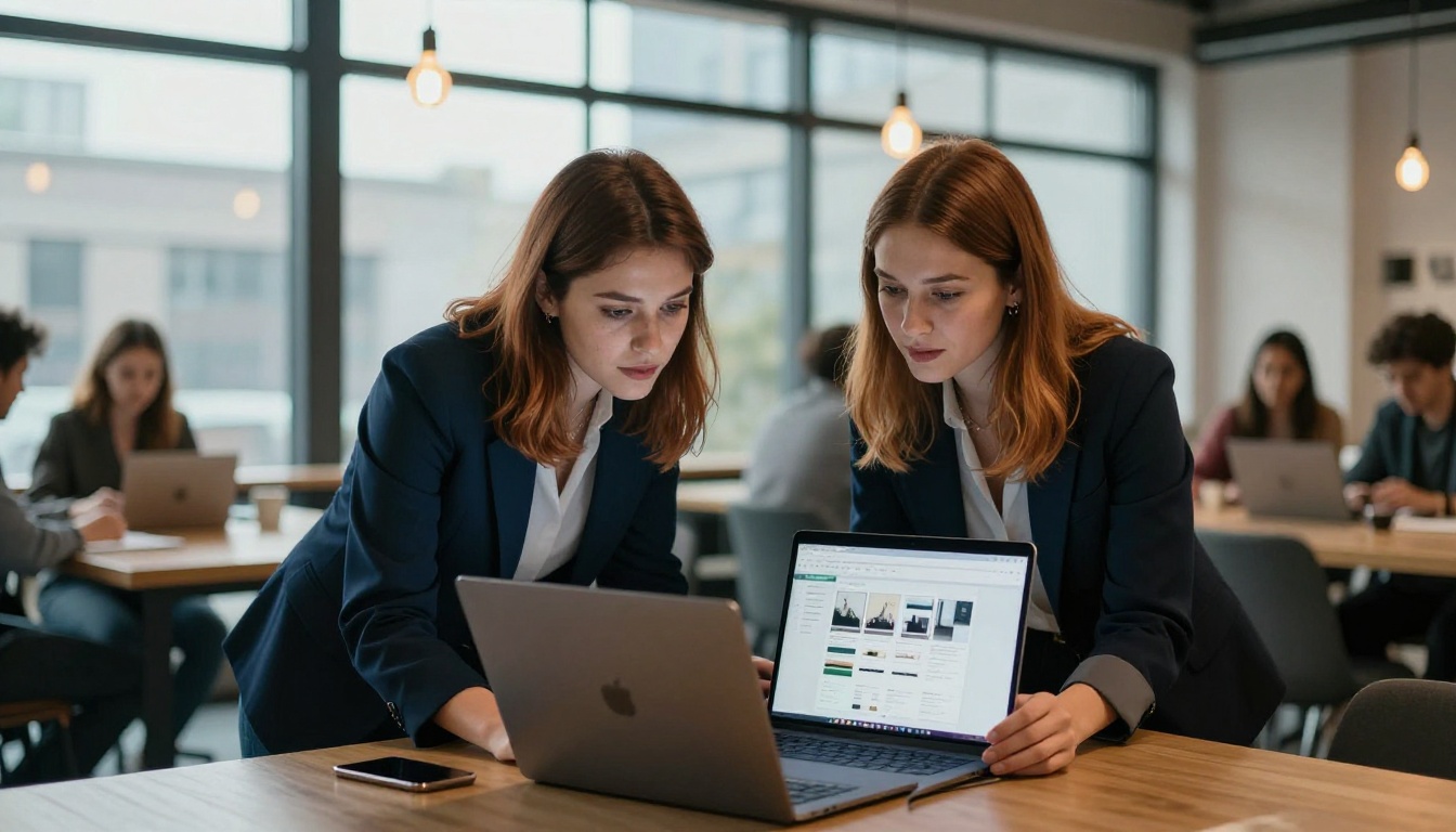Two professionals reviewing a flipbook page layout on a shared laptop in a bright modern co-working space with large windows Two professionals reviewing a flipbook page layout on a shared laptop in a bright modern co-working space with large windows