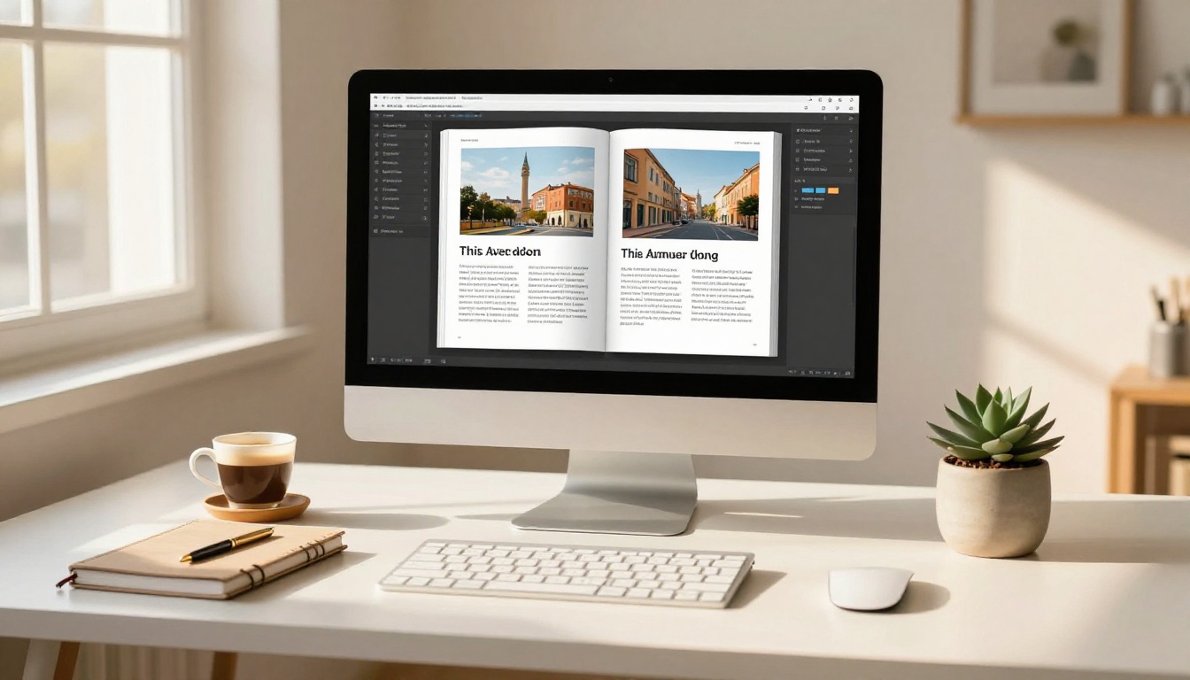 Clean minimalist desk with an iMac displaying a symmetrically formatted digital flipbook publication with perfect margins on both sides Clean minimalist desk with an iMac displaying a symmetrically formatted digital flipbook publication with perfect margins on both sides