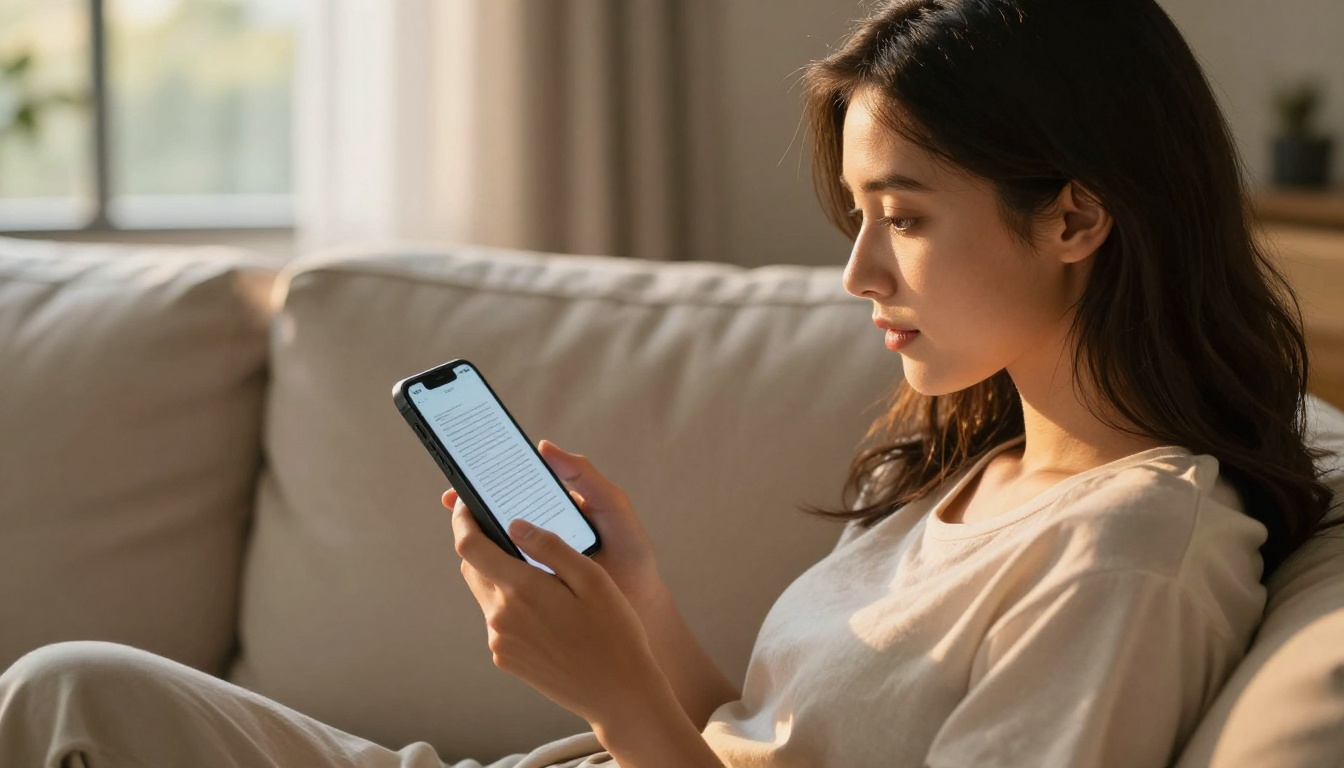 Young woman with dark hair reading a digital flipbook on a smartphone with beautifully crisp sharp text, lounging on a sofa in warm golden afternoon light