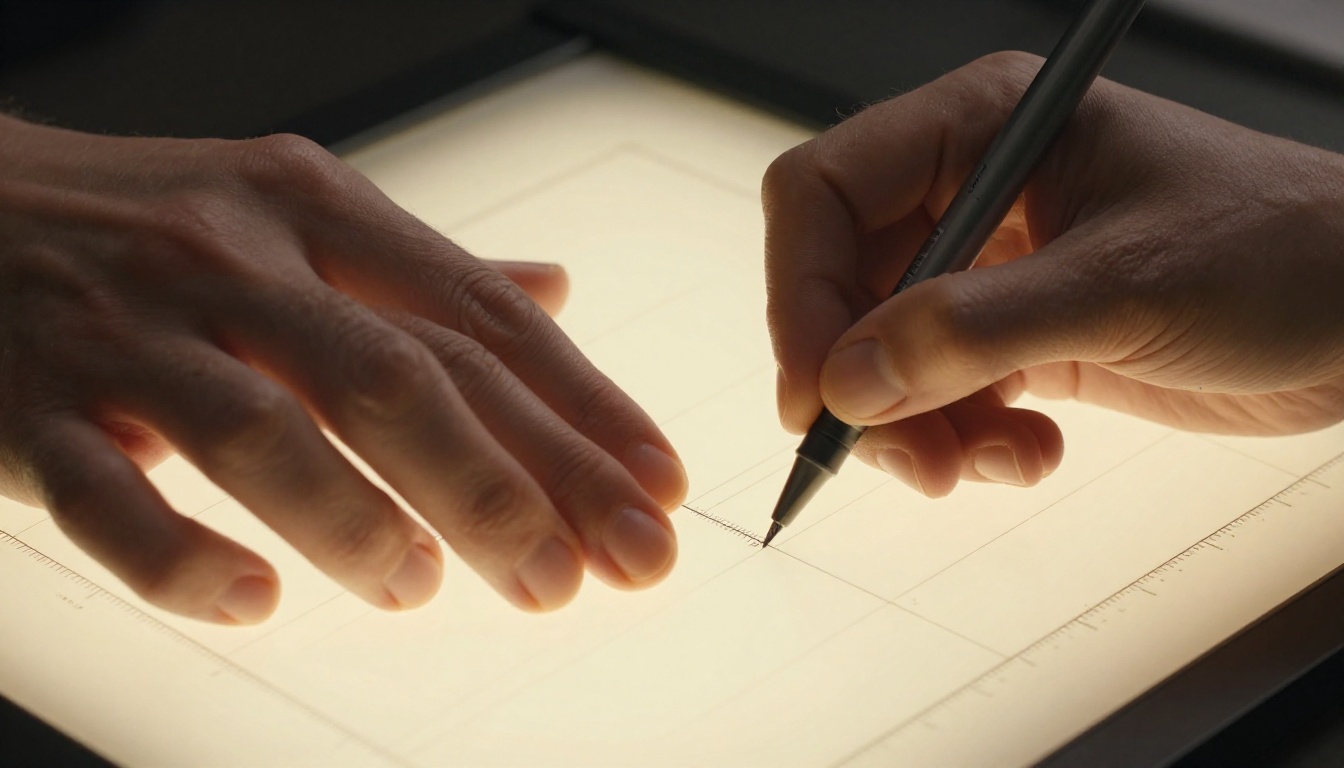 Designer's hands adjusting a printed page layout mockup on a warm amber-lit glass light table with crop mark lines clearly visible Designer's hands adjusting a printed page layout mockup on a warm amber-lit glass light table with crop mark lines clearly visible