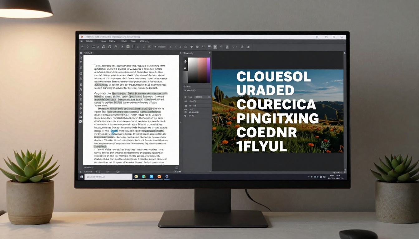 Wide monitor on a modern desk displaying a side-by-side comparison showing the same text blurry and pixelated on the left versus razor-sharp vector text on the right