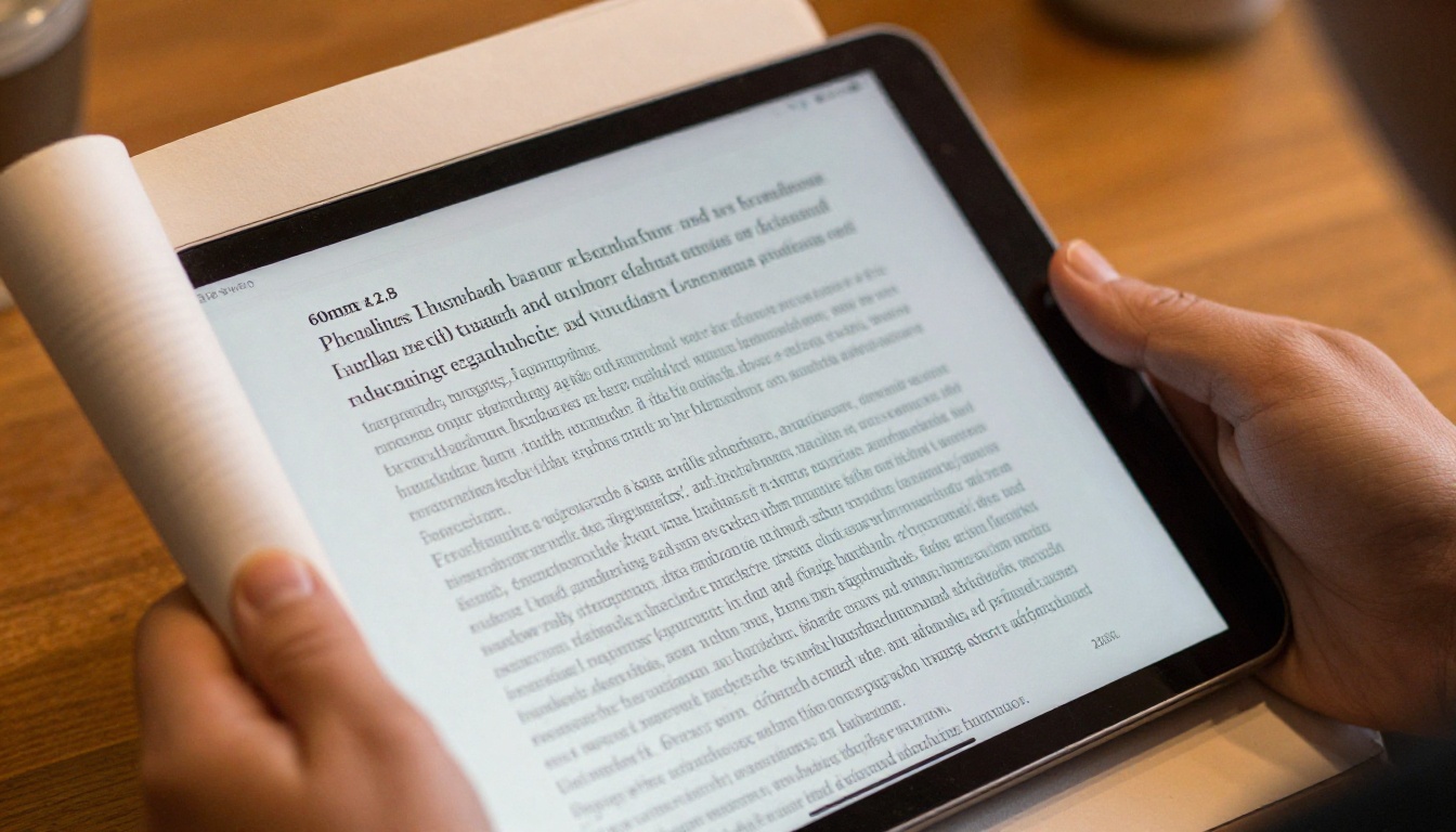 Close-up of a person's hands holding a printed page next to a tablet showing the same content digitally, contrasting the sharp edges of print with the softer digital rendering under warm natural daylight