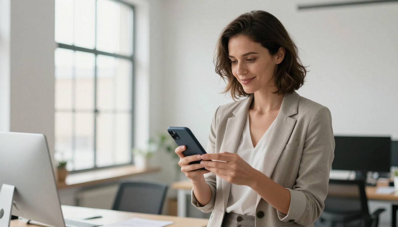 Professional woman at a standing desk holding a smartphone displaying a sharp crisp digital flipbook, in a bright modern office with large industrial windows letting in diffused daylight