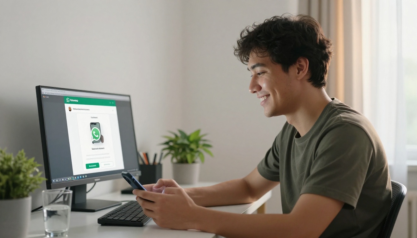 Young man smiling at his phone after a WhatsApp flipbook preview loads correctly Young man smiling at his phone after a WhatsApp flipbook preview loads correctly
