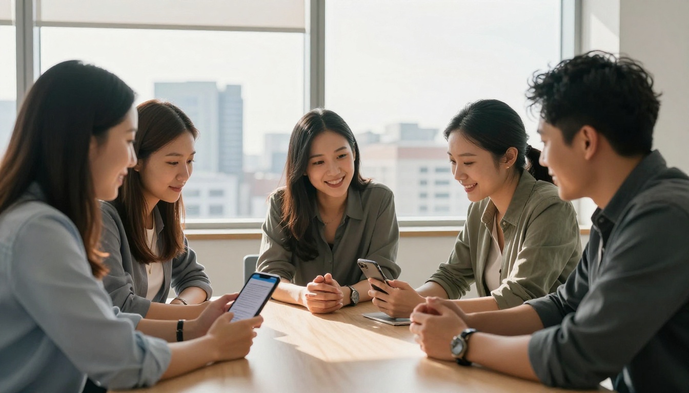 Three colleagues around a conference table sharing a digital flipbook on a phone Three colleagues around a conference table sharing a digital flipbook on a phone