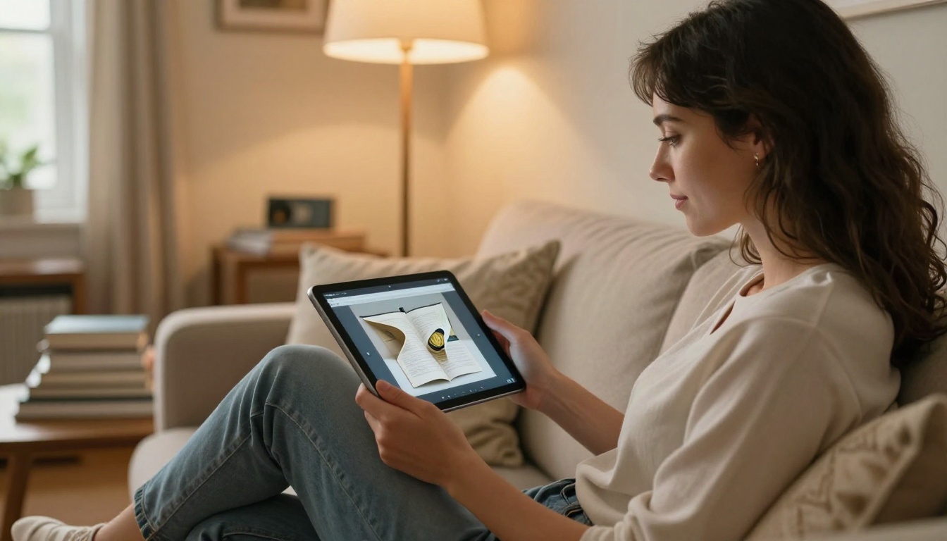 A woman relaxing on a sofa reading a digital flipbook on a tablet A woman relaxing on a sofa reading a digital flipbook on a tablet