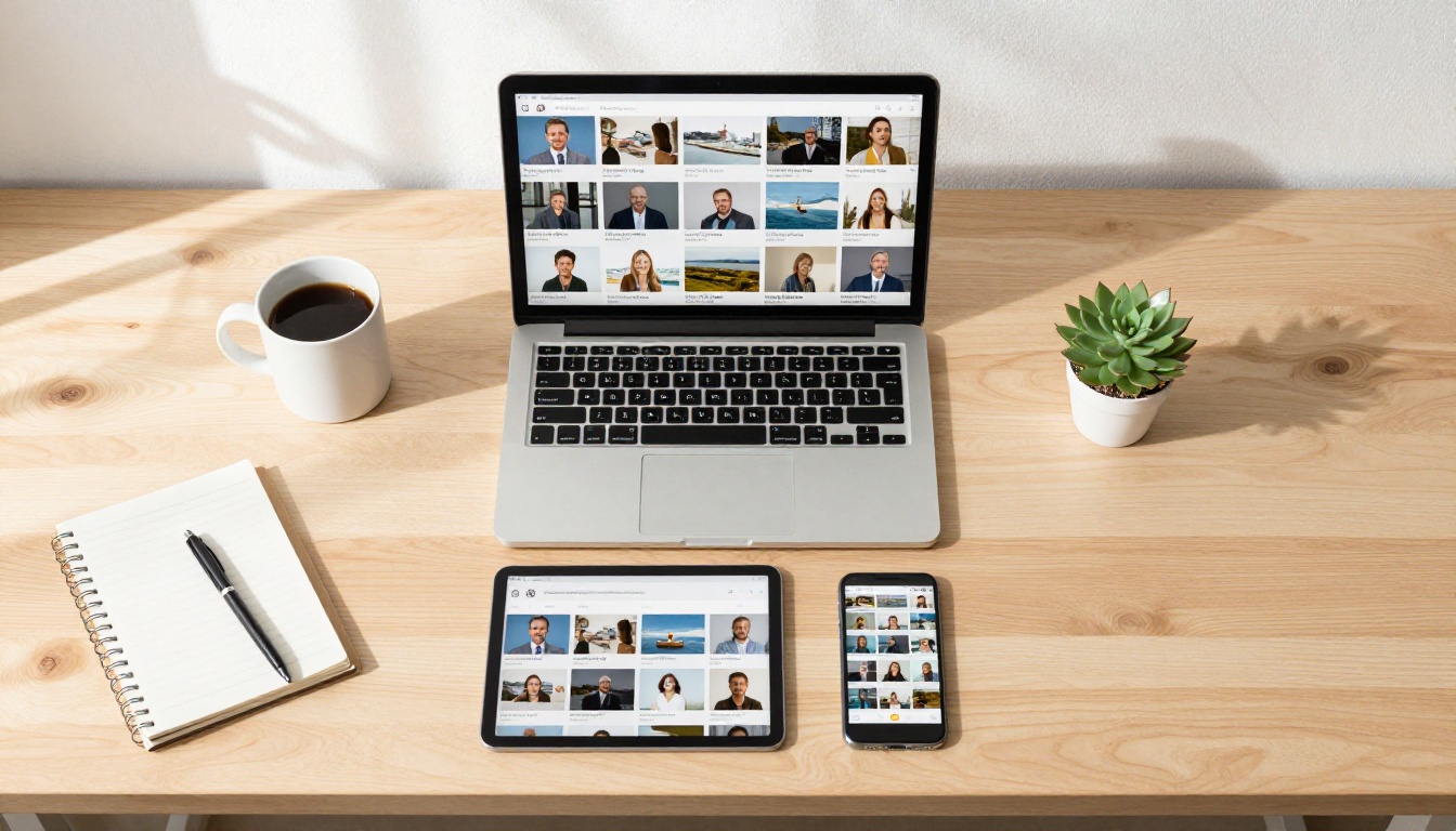Aerial view of a desk showing a laptop, tablet, and phone each displaying the same flipbook with different preview thumbnails