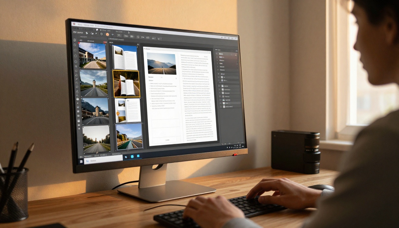 Flipbook editor open on a desktop monitor showing document pages with the opening page selected and highlighted