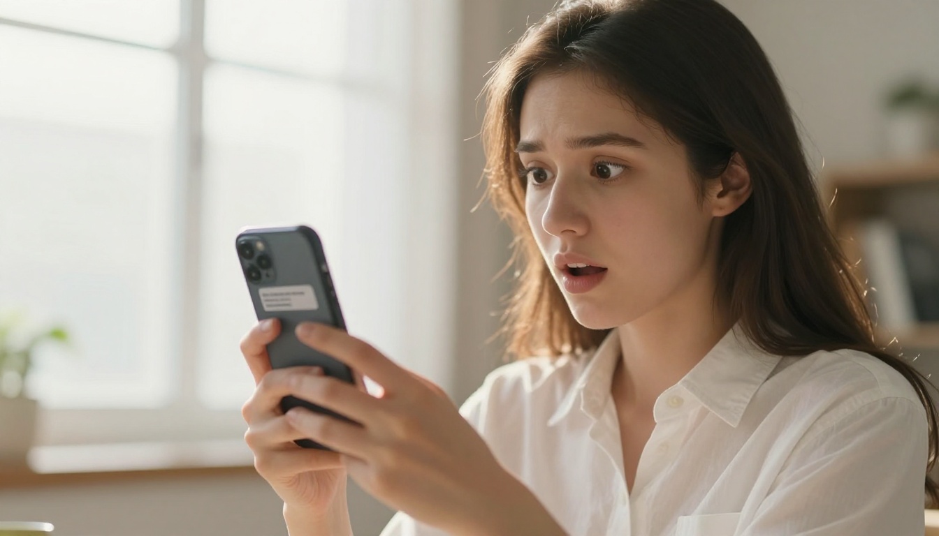 Young woman looking surprised at her smartphone showing a wrong flipbook link preview in a messaging app