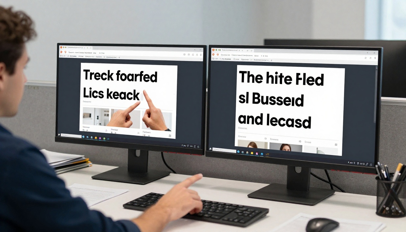 Person pointing at two monitors side by side comparing an incorrect and a correct flipbook social media preview