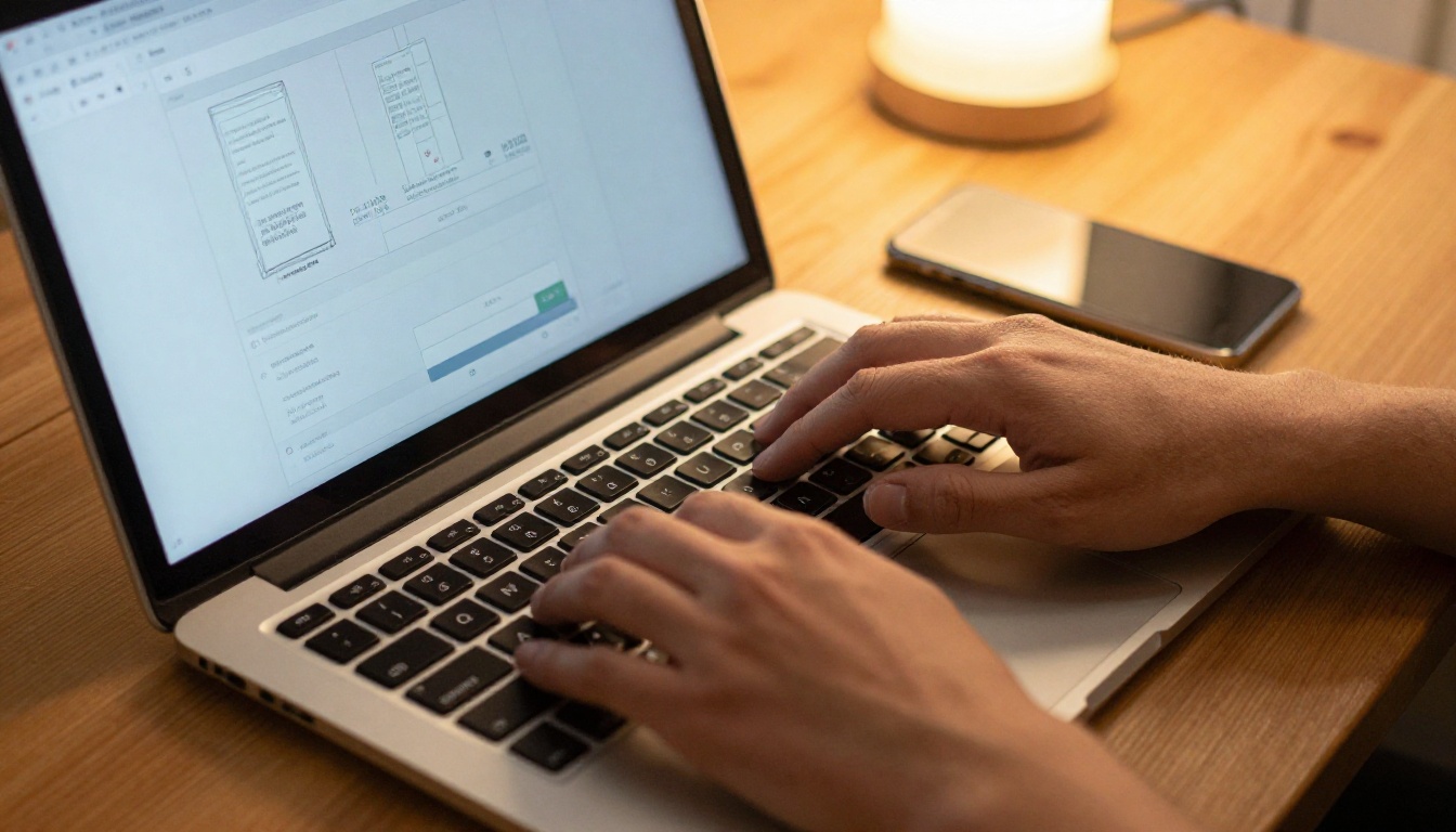 Hands actively typing on a laptop keyboard with a flipbook dashboard visible on screen showing a thumbnail image being updated