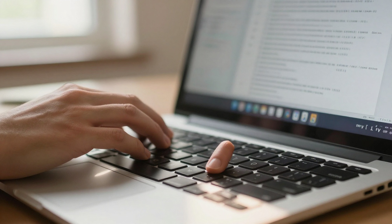 Close-up of hands typing on a laptop keyboard with a PDF document visible on screen