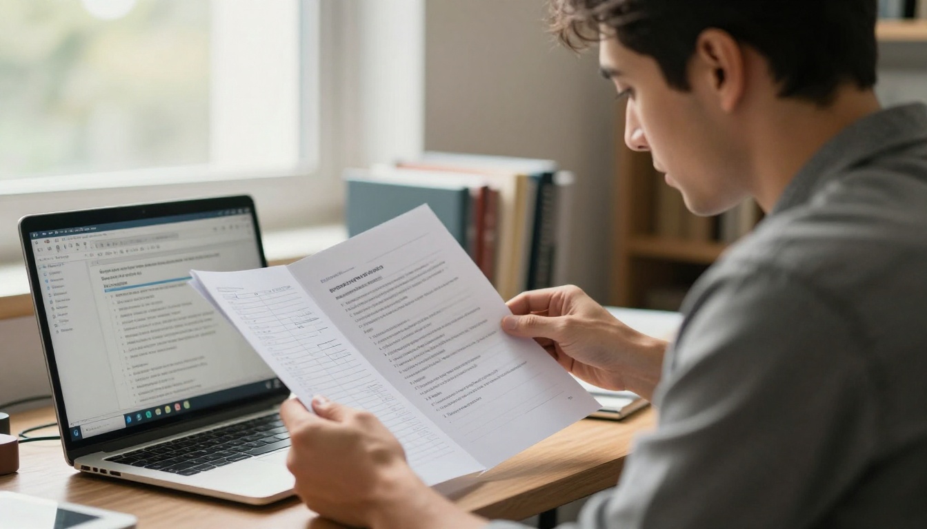 A man cross-referencing a printed document with numbered pages against a digital flipbook on his laptop screen