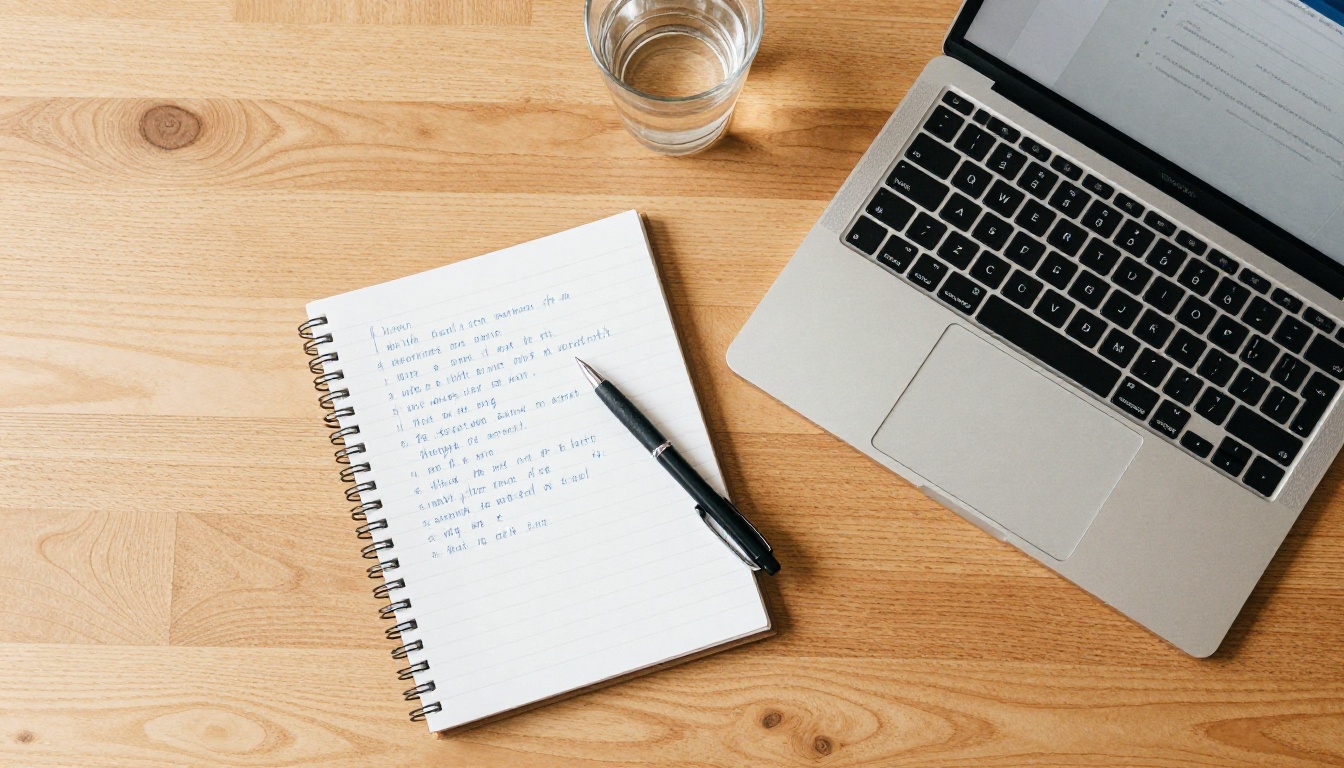 Aerial top-down view of a laptop open to a flipbook interface beside a spiral notebook with hand-written notes on a wooden desk
