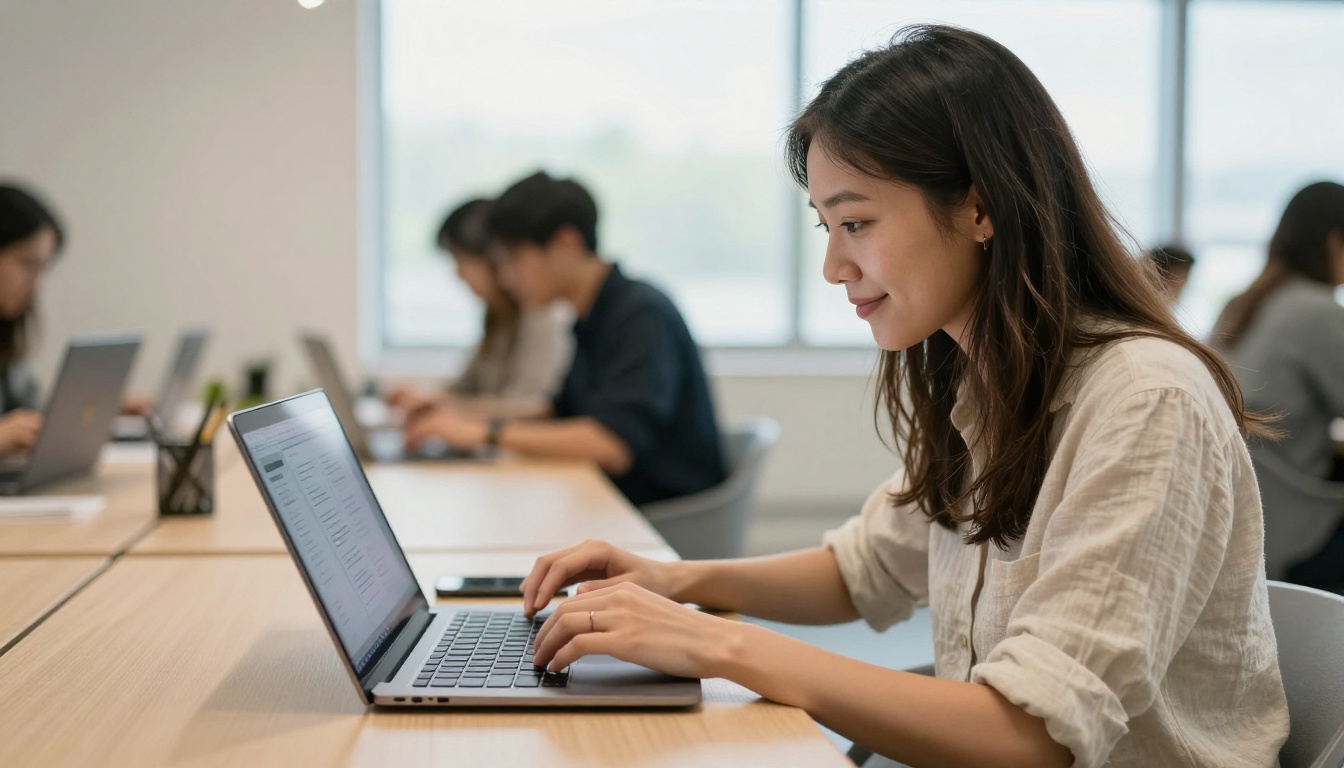 A woman at a co-working space reviewing a digital publication on her laptop, satisfied expression