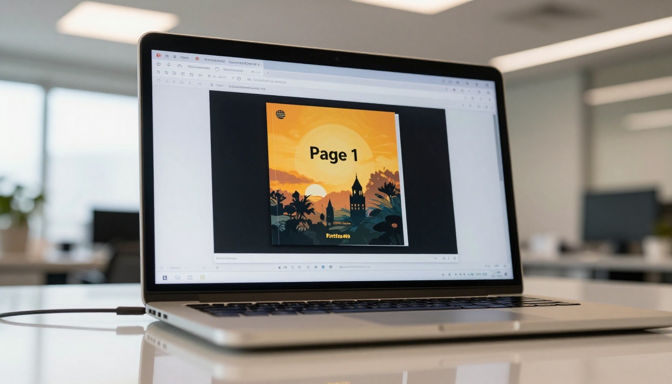 Low-angle shot of a laptop on a glass desk showing a flipbook viewer with the first page prominently displayed