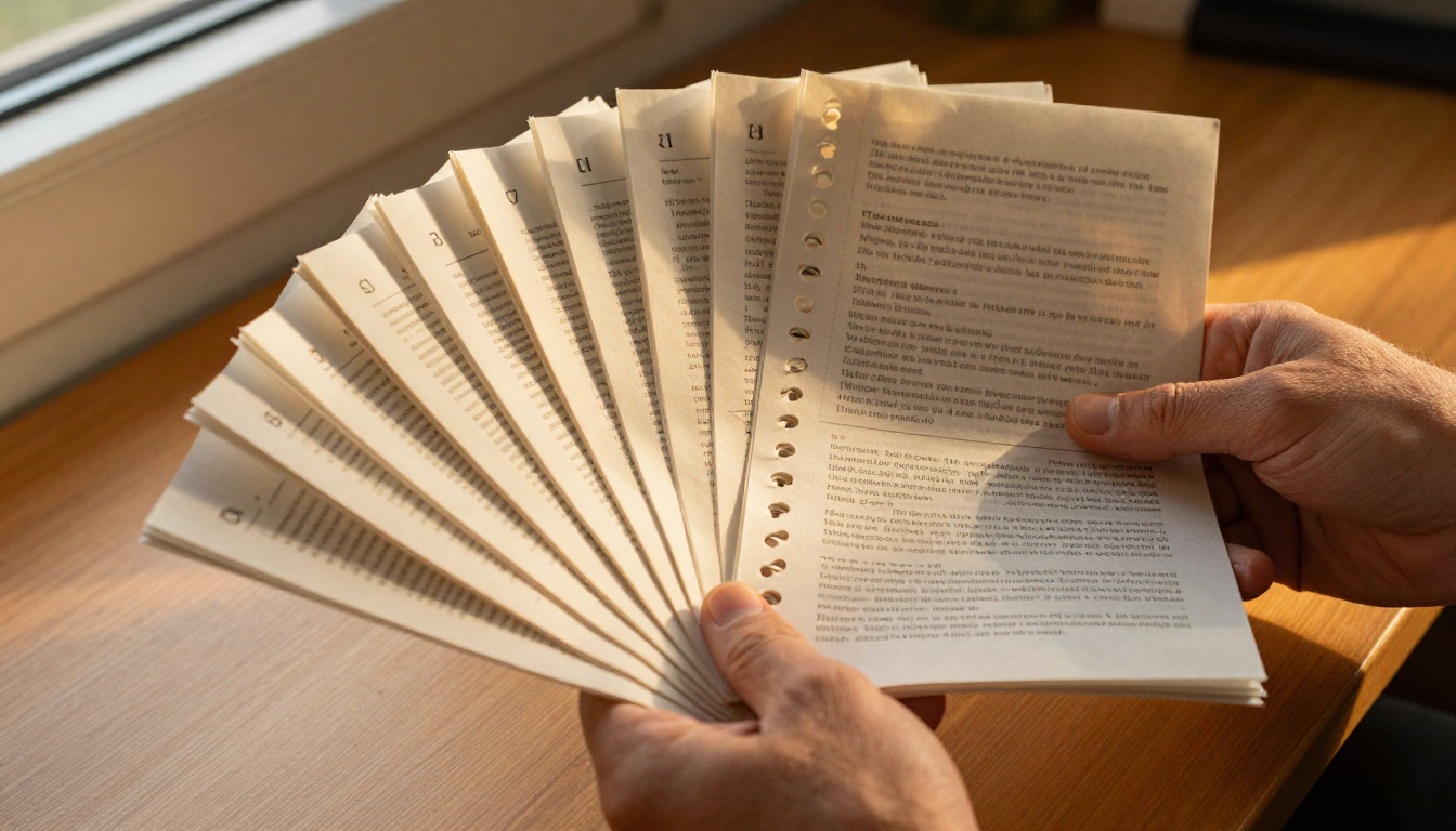 A man's hands holding a spiral-bound document with numbered page tabs fanned out, showing the internal page sequence