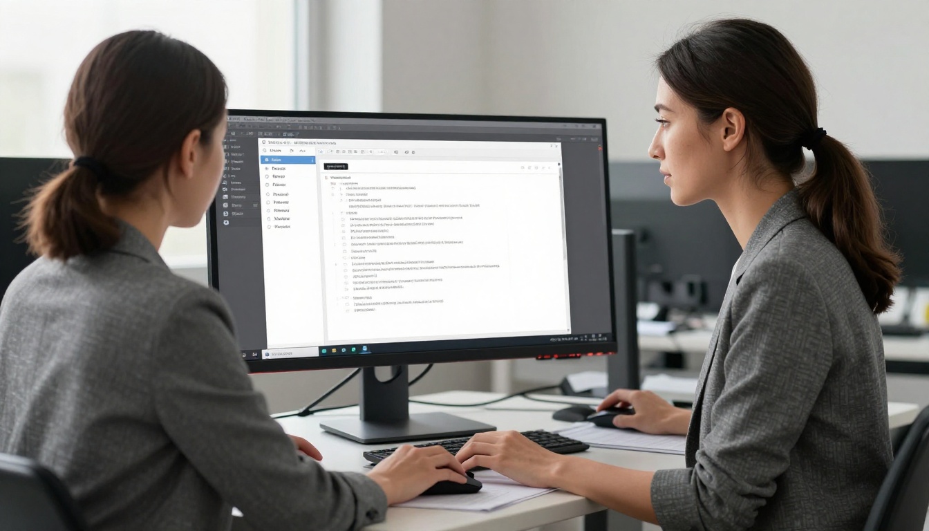 A professional woman at a standing desk reviewing publishing settings on a wide-screen monitor