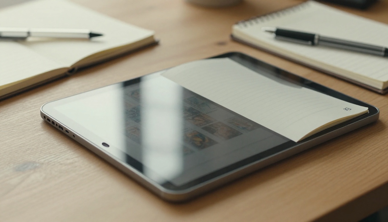 Close-up of a tablet lying flat on a desk showing a digital flipbook open to its first page, beside a pen and notebook