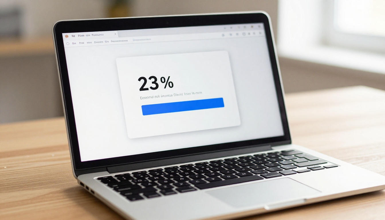 Upload progress bar showing 23% completion with 14 minutes remaining on laptop screen Upload progress bar showing 23% completion with 14 minutes remaining on laptop screen