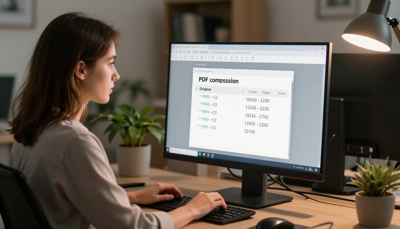 Professional woman using PDF compression software on a widescreen computer monitor Professional woman using PDF compression software on a widescreen computer monitor