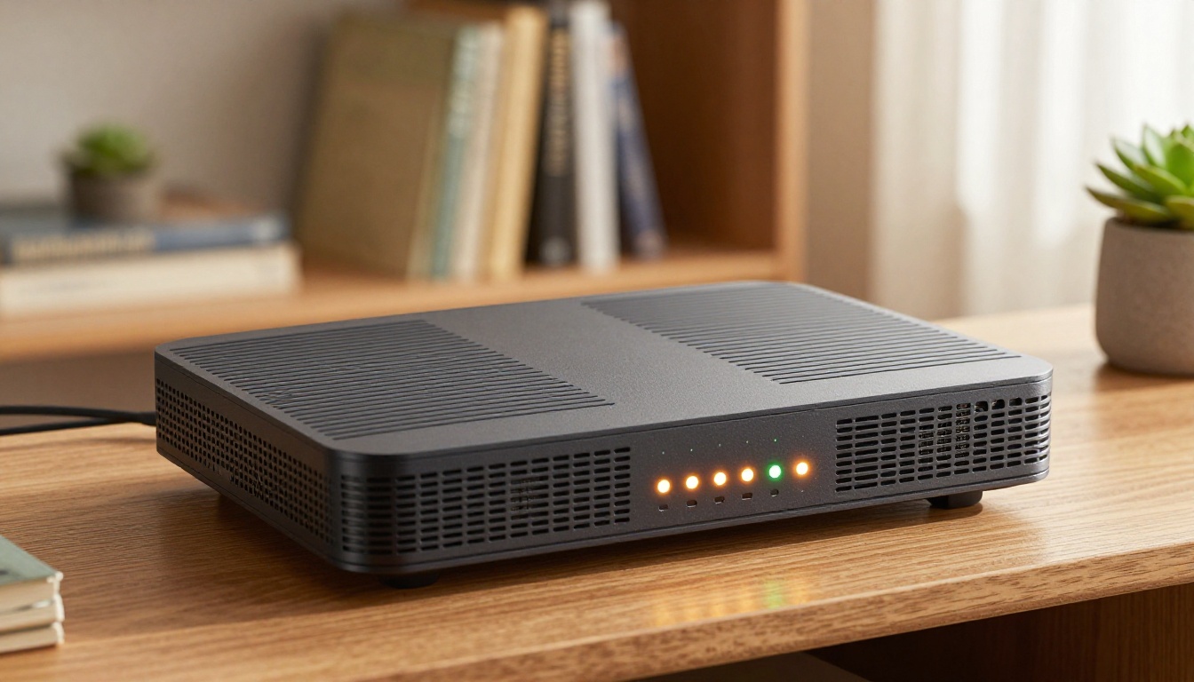 Home WiFi router with amber and green indicator lights on a wooden shelf Home WiFi router with amber and green indicator lights on a wooden shelf