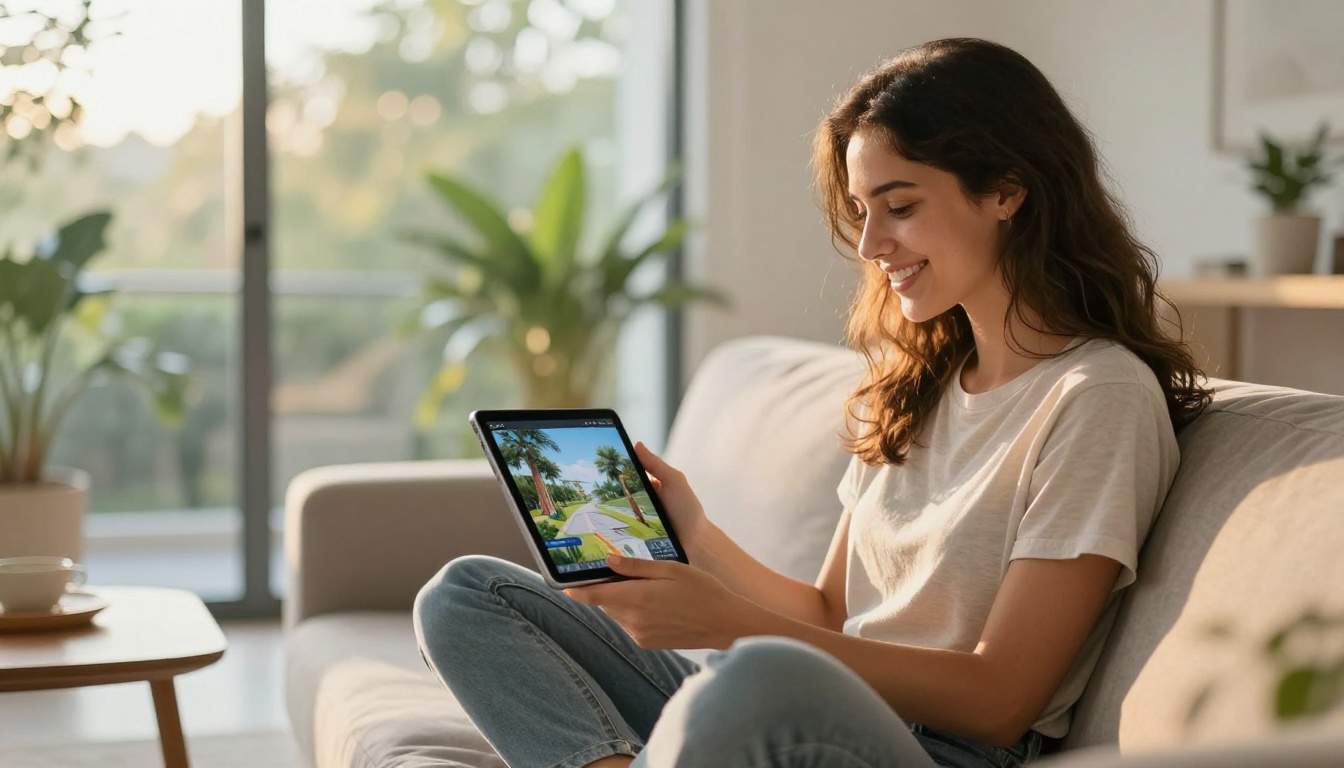 Young woman sitting on a sofa holding a tablet showing a beautifully rendered digital flipbook