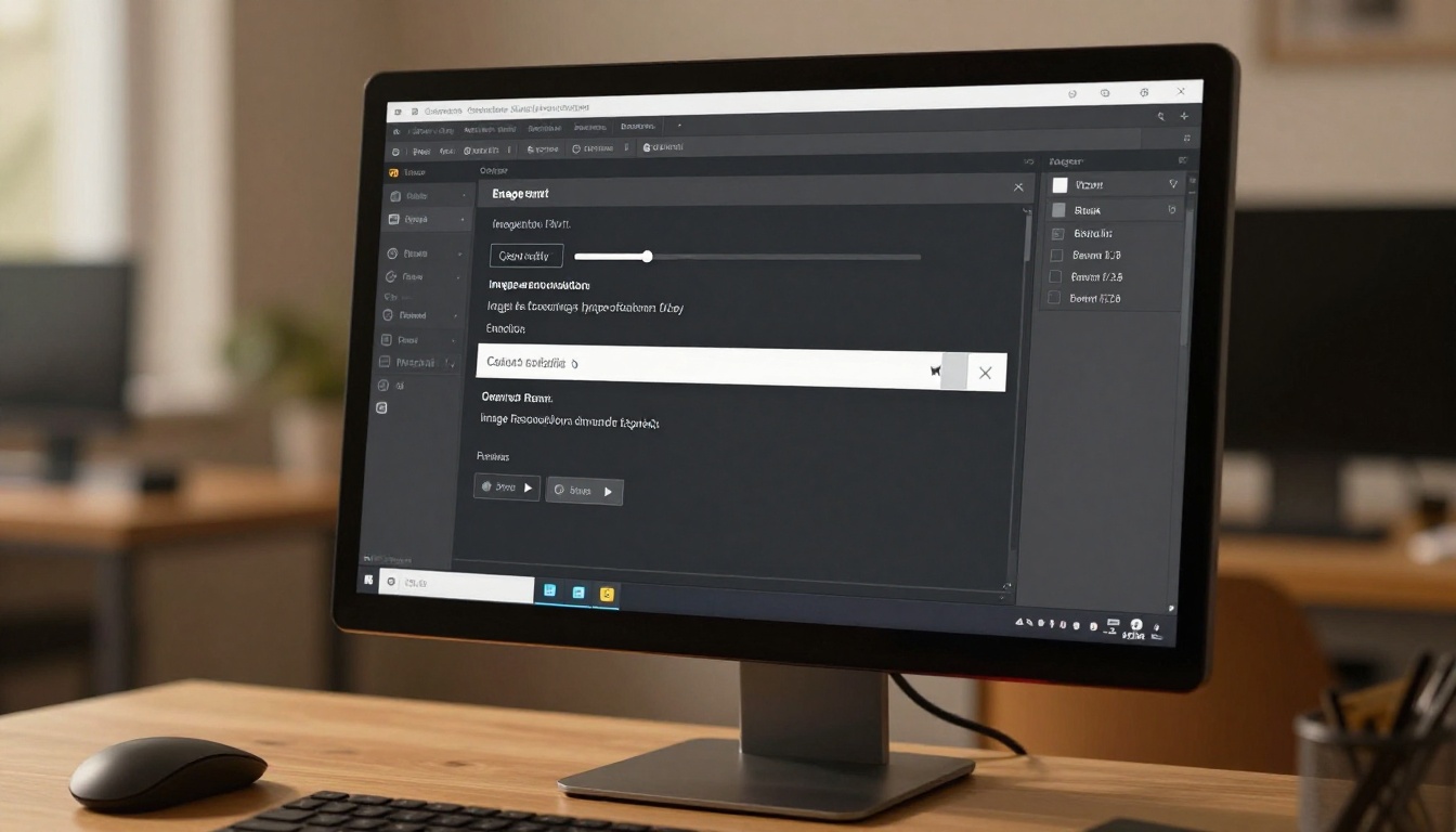 Desktop monitor displaying a PDF export settings dialog with resolution and compression sliders