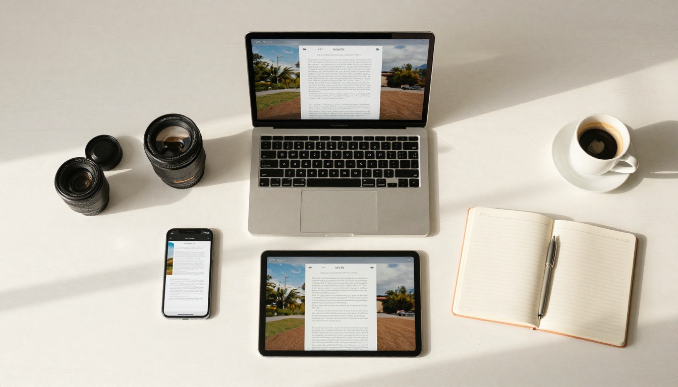 Overhead flat-lay of a desk with a laptop, tablet, and smartphone all showing the same digital flipbook