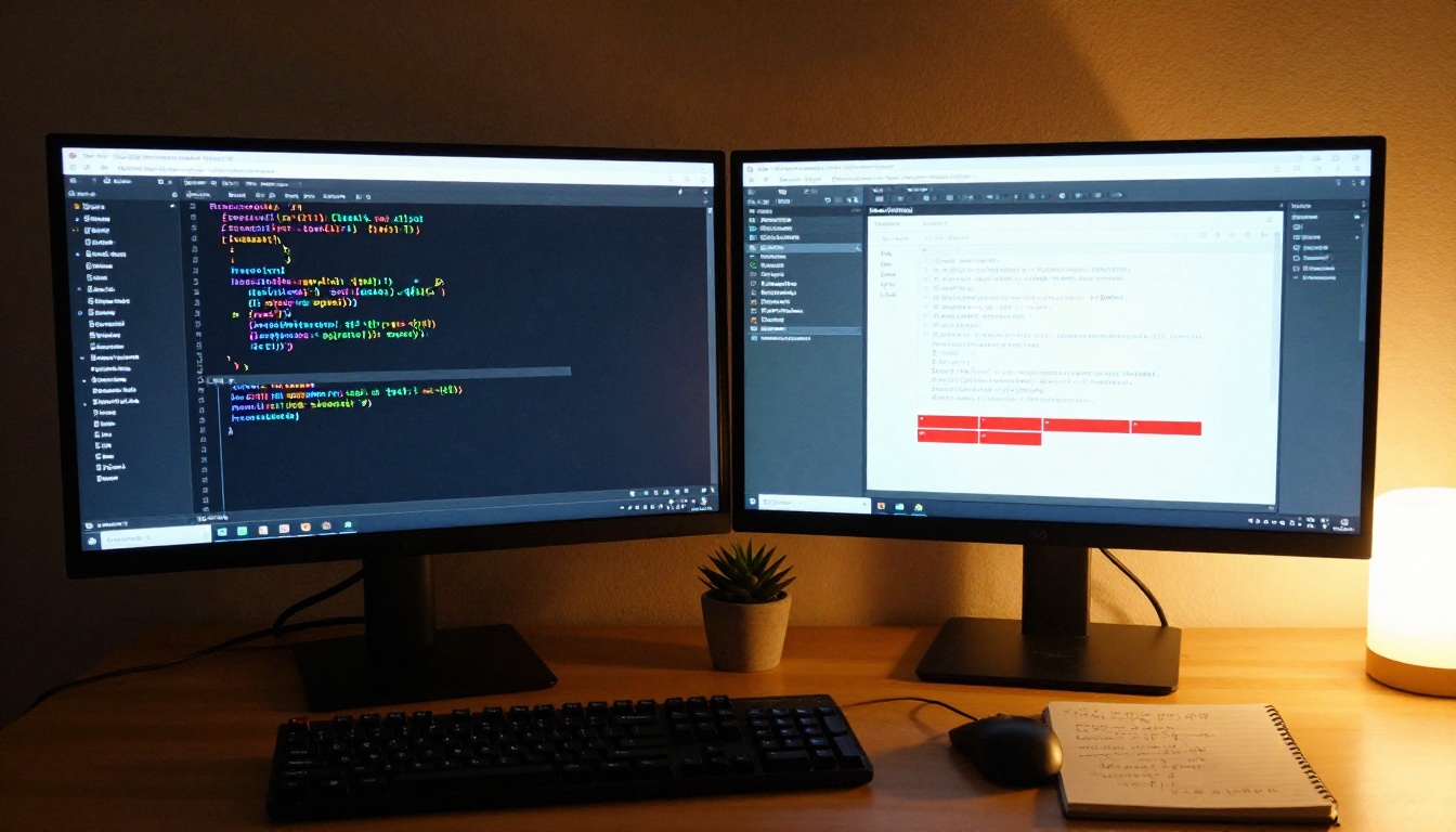 Developer dual monitor setup showing browser console errors