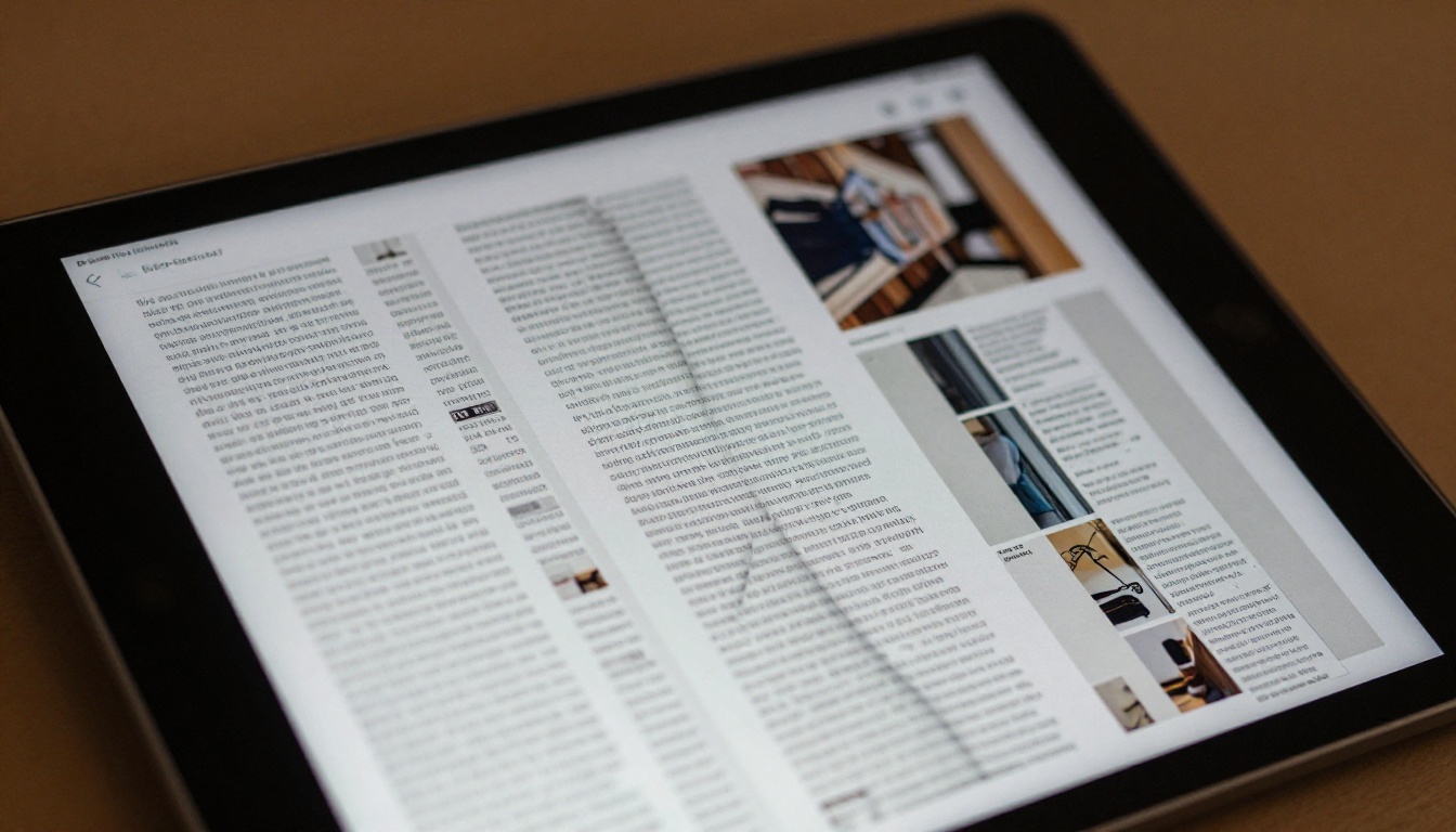 Extreme close-up of a tablet screen showing a squished flipbook with distorted proportions