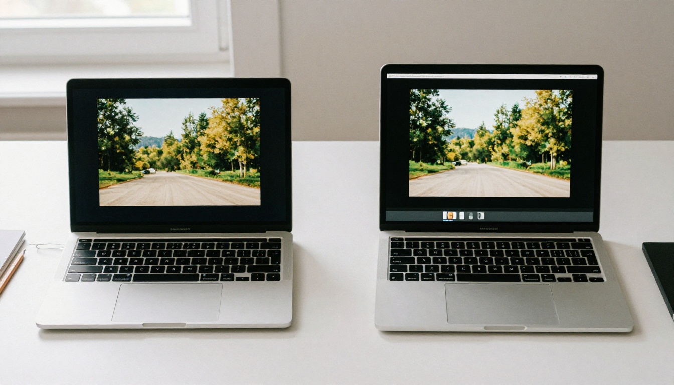 Side-by-side overhead view of a laptop and tablet displaying the same flipbook, one correct and one squished
