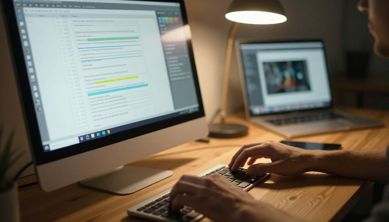 Graphic designer's hands adjusting PDF page dimension settings on a large desktop monitor