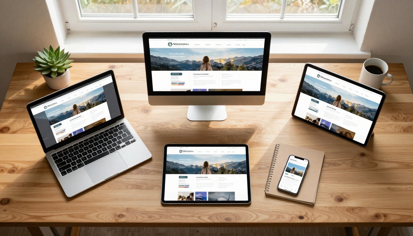 Aerial overhead view of MacBook, iPad, and iPhone all displaying the same flipbook with correct proportions on each screen