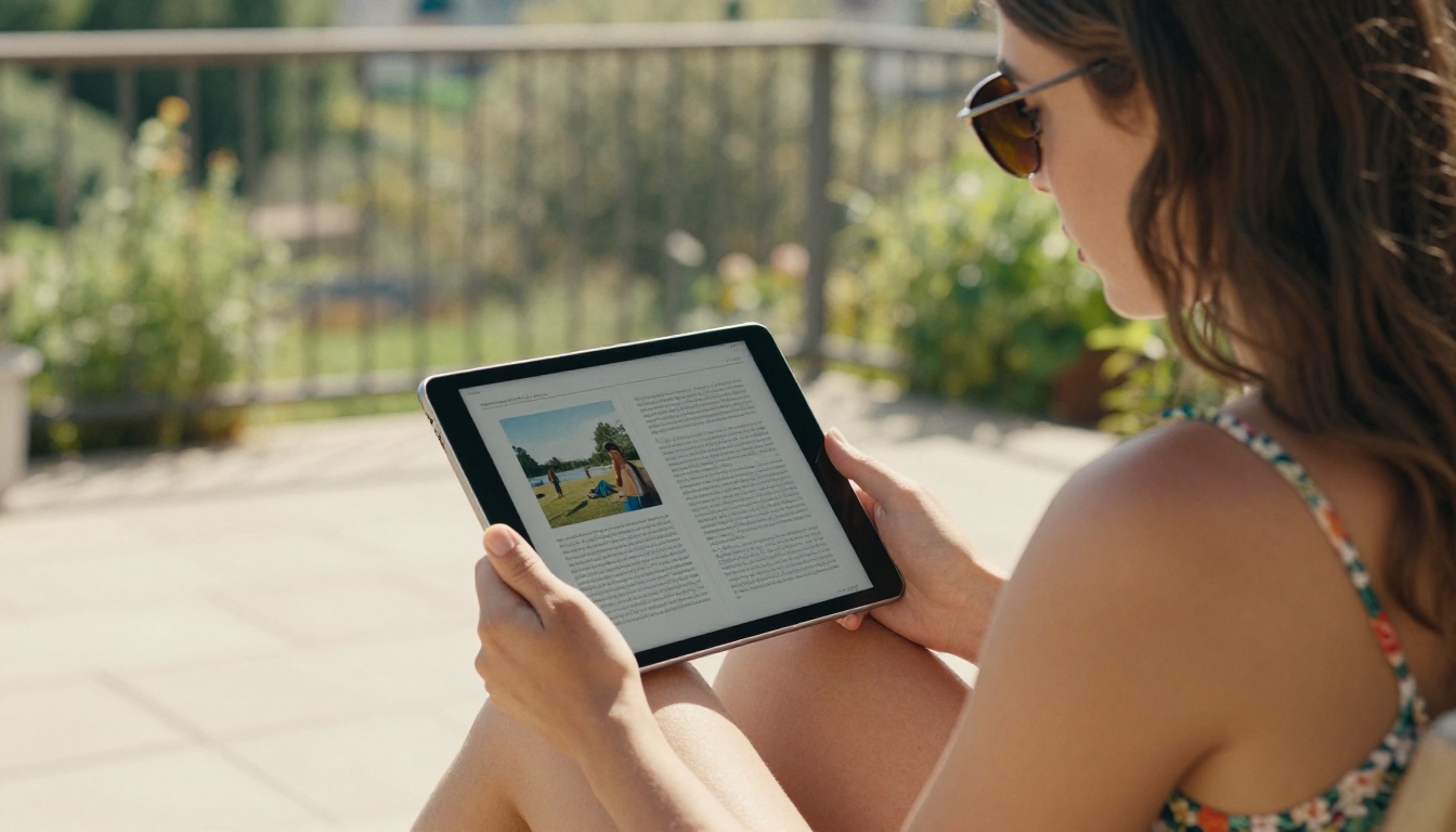 Young woman on a sunny outdoor terrace holding an iPad displaying a perfectly proportioned digital magazine flipbook