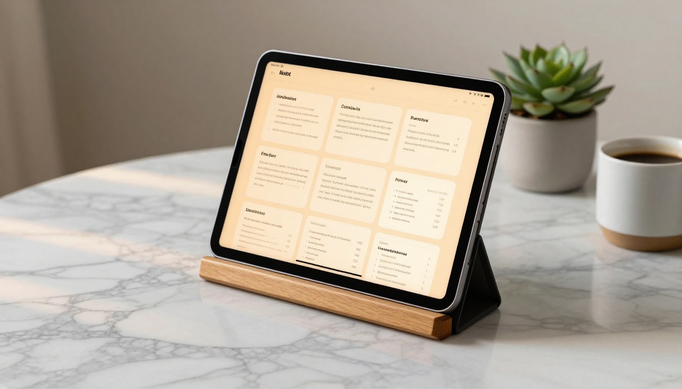 Sleek iPad Pro propped on marble surface displaying a crisp, well-proportioned product catalog flipbook