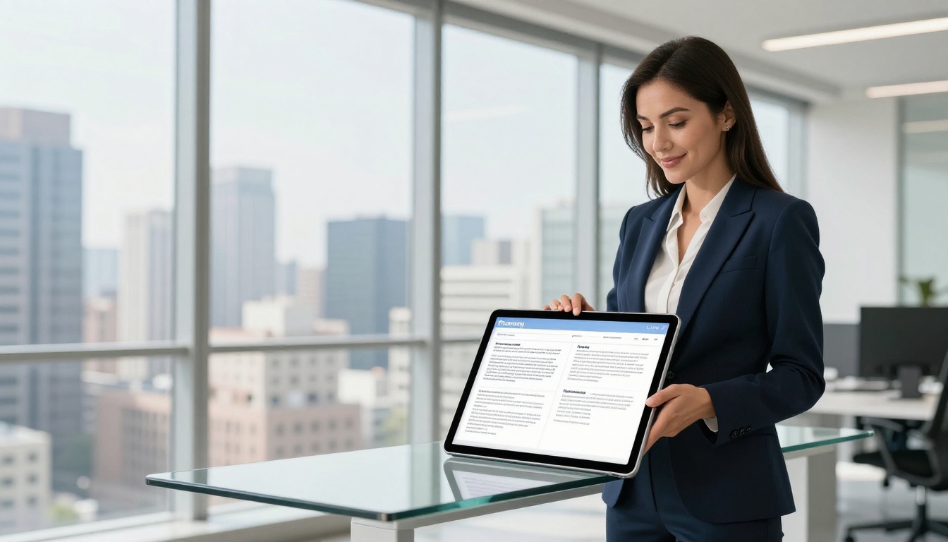 Professional business woman in navy blazer reviewing a digital flipbook brochure on a Samsung tablet in a modern office