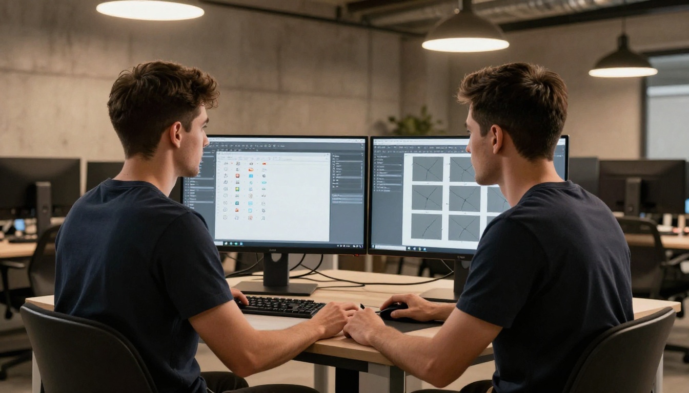Designer at a dual monitor workstation checking image files and flipbook conversion results Designer at a dual monitor workstation checking image files and flipbook conversion results