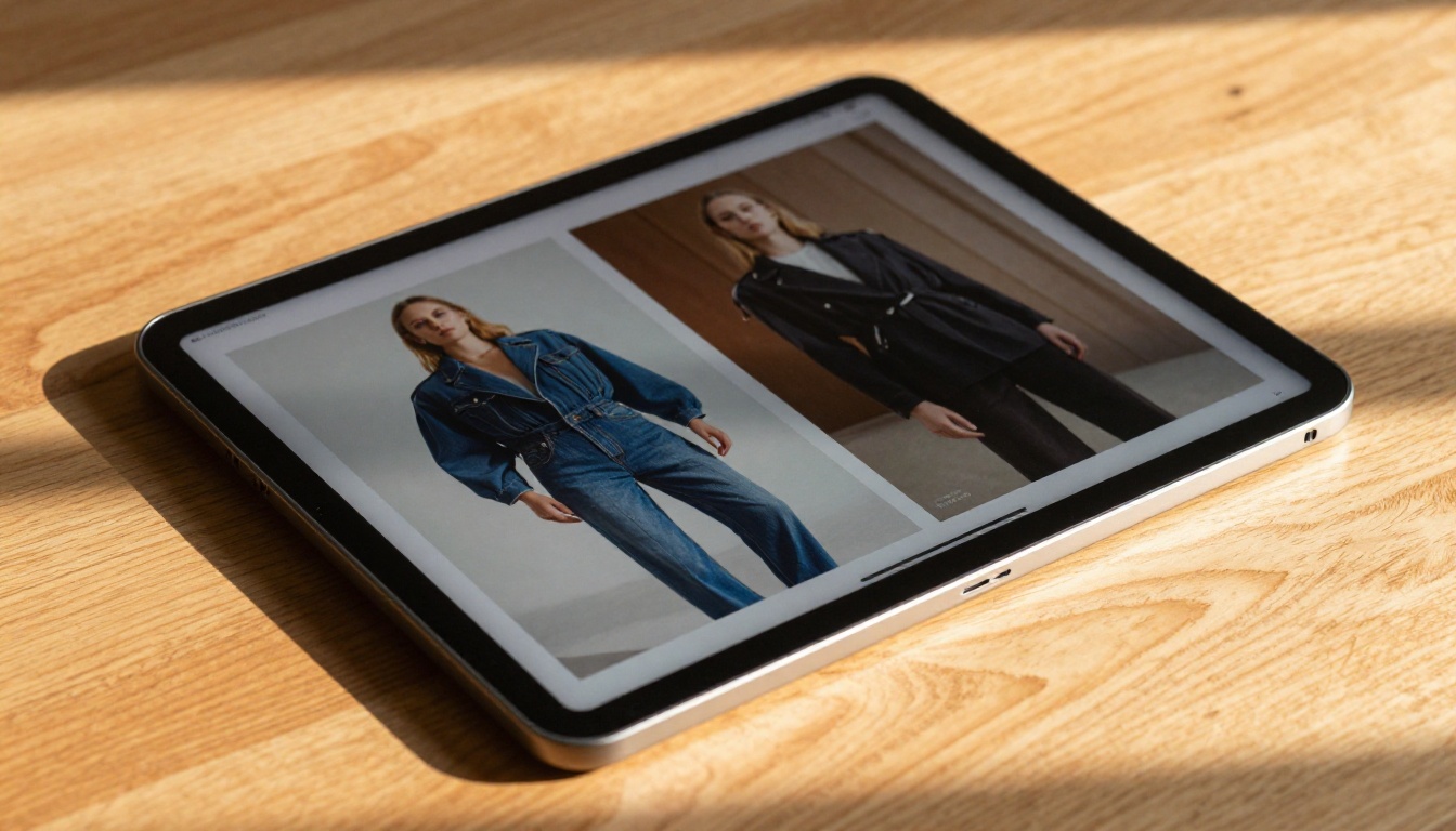 Low-angle shot of a tablet lying flat on oak wood showing a beautifully rendered magazine flipbook spread with correct proportions