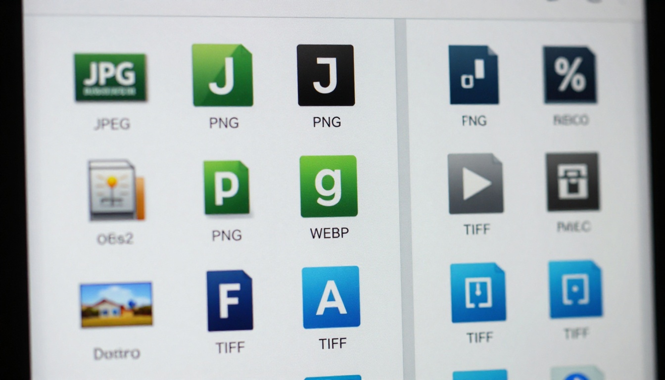 File format icons displayed on a computer screen showing JPEG, PNG, WEBP, and TIFF options File format icons displayed on a computer screen showing JPEG, PNG, WEBP, and TIFF options