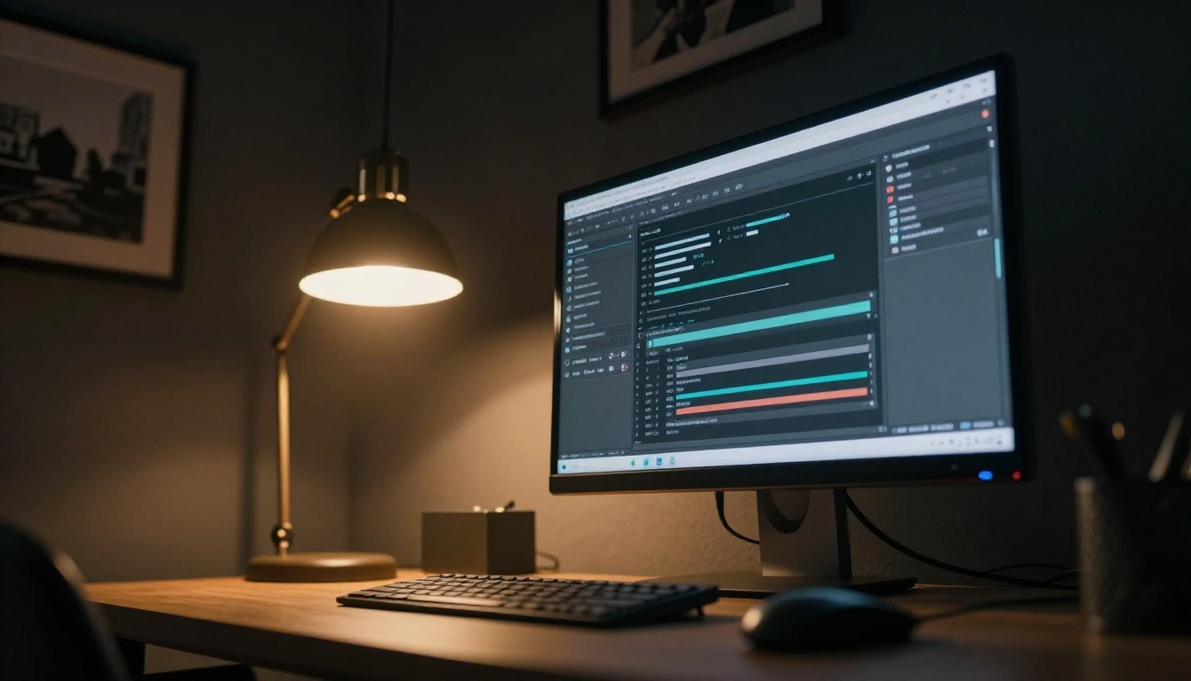 Image optimization software on a dark moody studio monitor with dramatic pendant lighting overhead Image optimization software on a dark moody studio monitor with dramatic pendant lighting overhead
