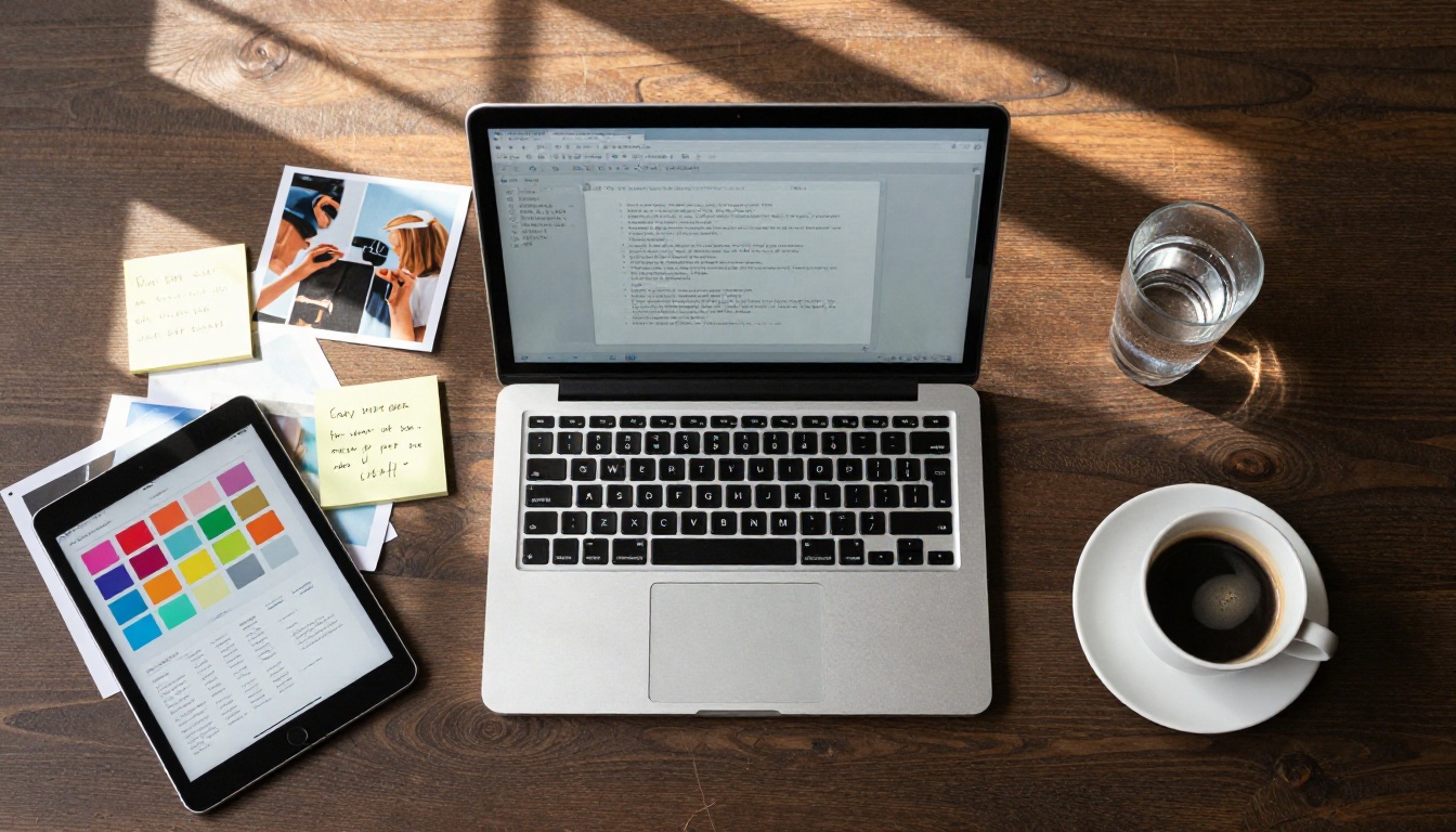 Aerial overhead view of a creative desk workspace with laptop, tablet, printed photos, and design tools scattered Aerial overhead view of a creative desk workspace with laptop, tablet, printed photos, and design tools scattered